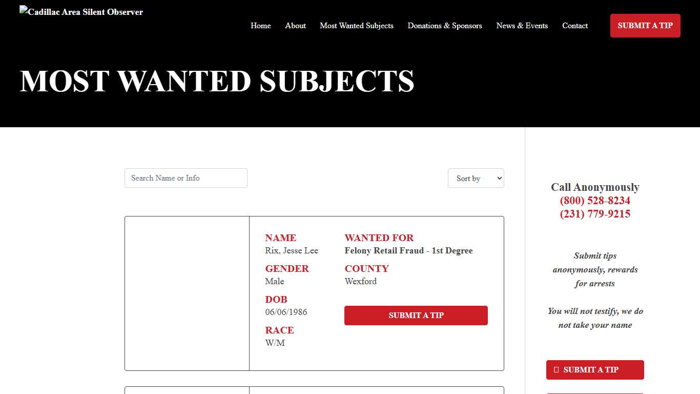 Most Wanted Subjects - Cadillac Area Silent Observer